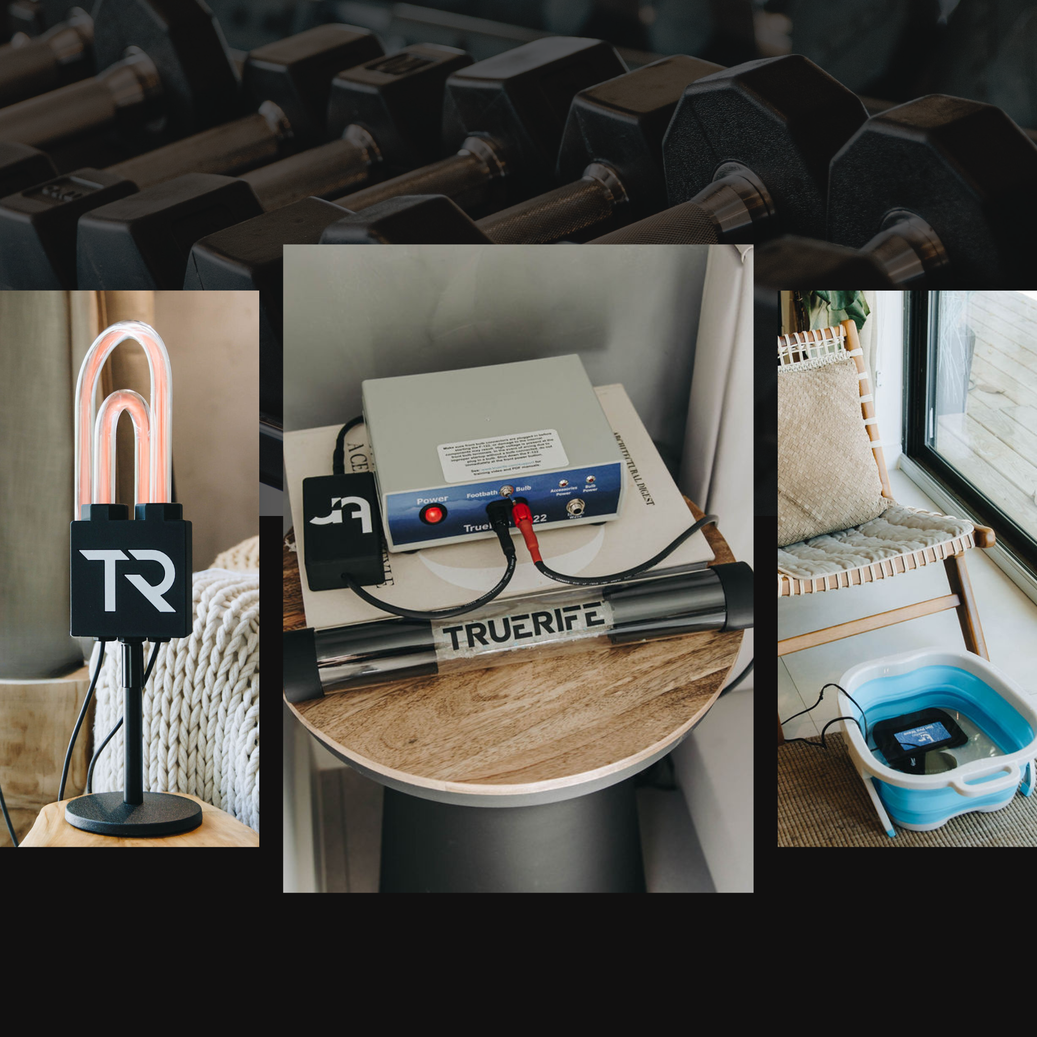 TrueRife products including F-122 Generator, SuperNova Bulb, Crystal Hammer Bulb, and Ion Pro Wave Footbath