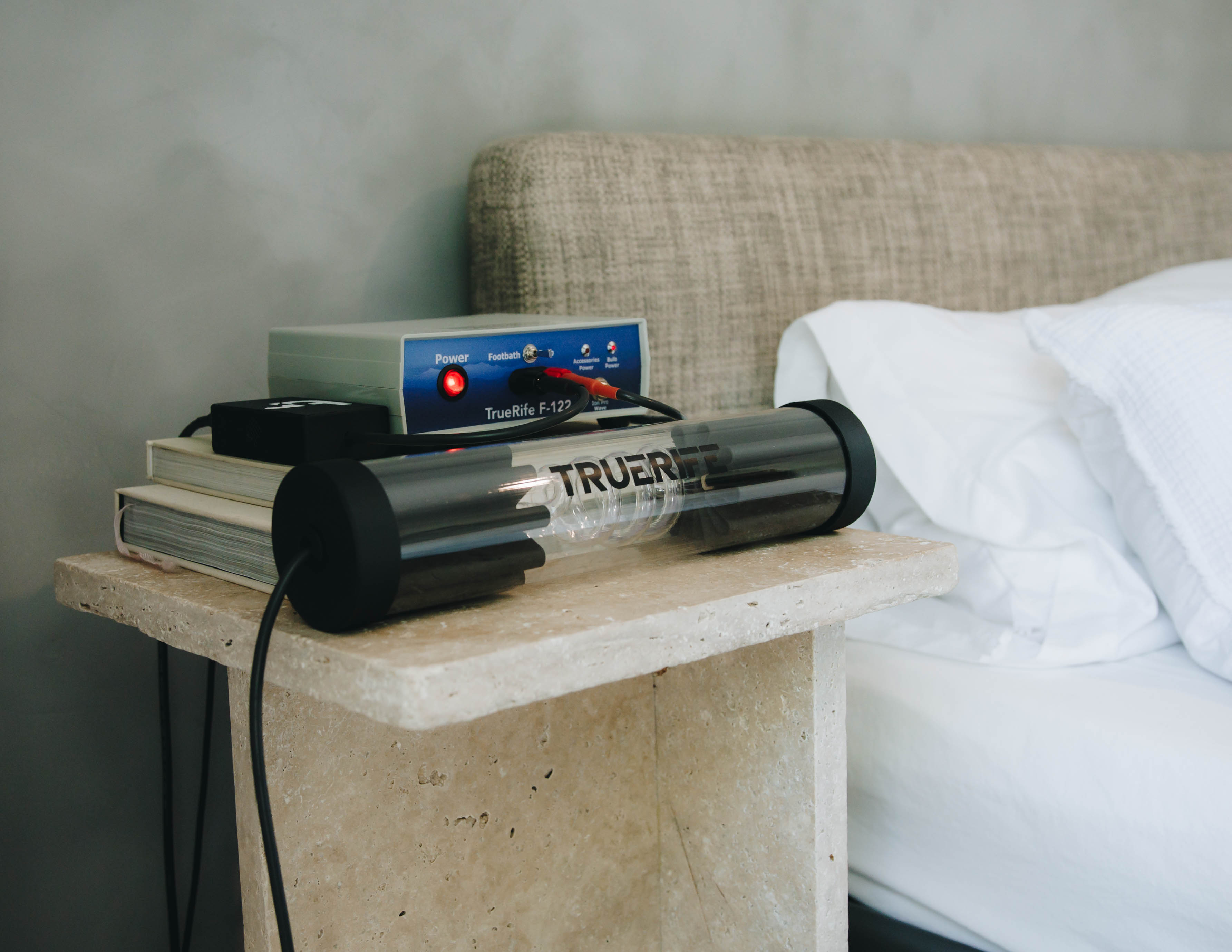 TrueRife Overnight Tornado bulb on a bedside table